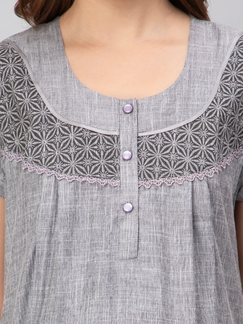 سي اي اي  18 قميص نوم نسائي قطن رايون للحوامل والرضاعة بتصميم - مع سحاب مخفي رمادي داكن