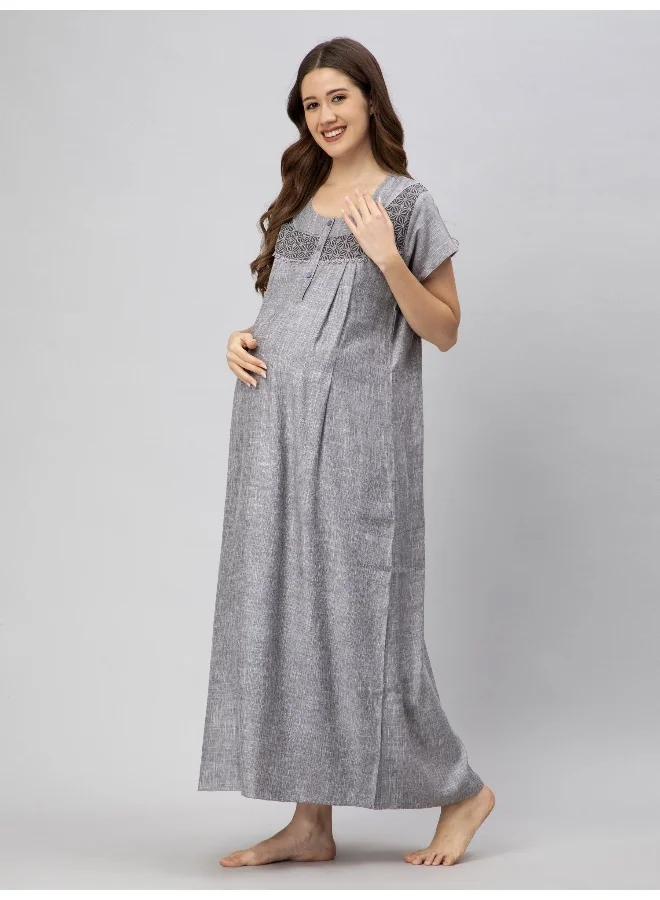 سي اي اي  18 قميص نوم نسائي قطن رايون للحوامل والرضاعة بتصميم - مع سحاب مخفي رمادي داكن