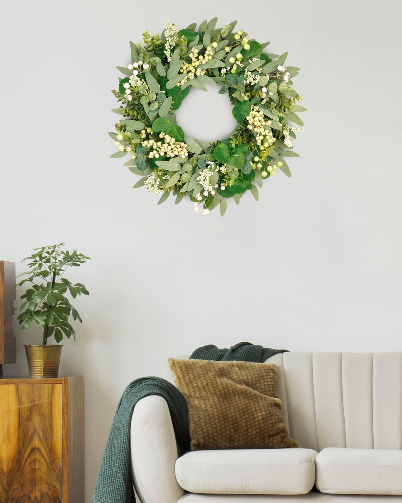 Vlorart 22 Inch Artificial Spring Summer Christmas Greenery Wreaths for Front Door Green Eucalyptus Leaf Wreath Decor Boxwood with Big Berries for Outside Year Round - Image 2