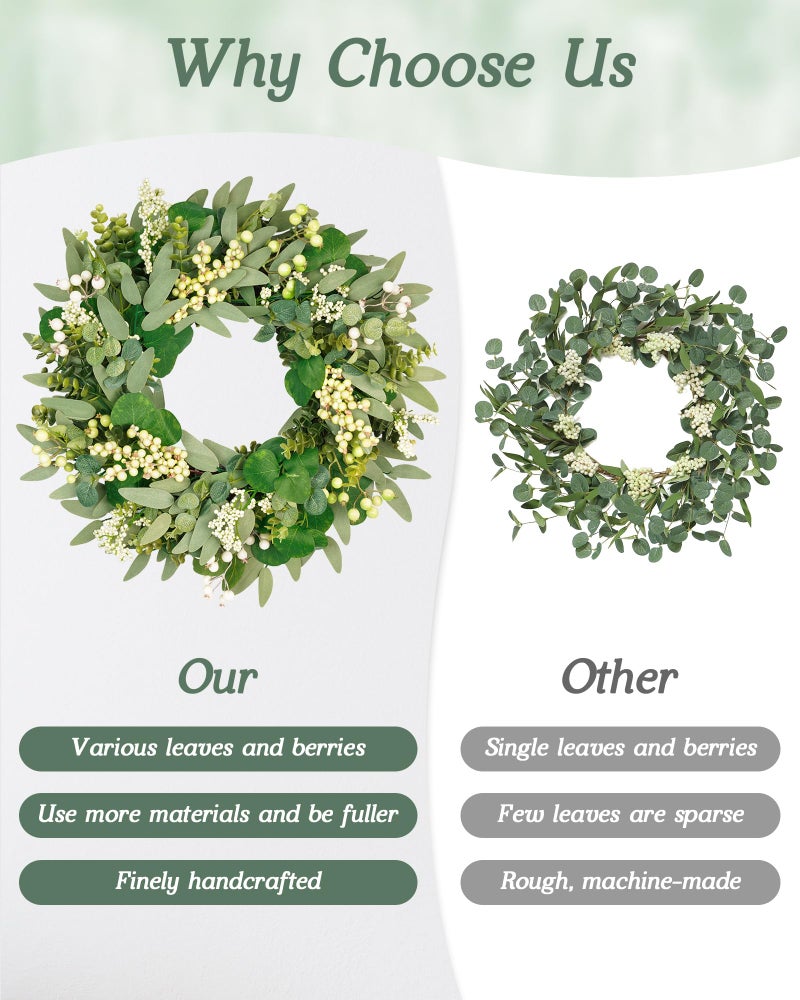 Vlorart 22 Inch Artificial Spring Summer Christmas Greenery Wreaths for Front Door Green Eucalyptus Leaf Wreath Decor Boxwood with Big Berries for Outside Year Round - Image 5