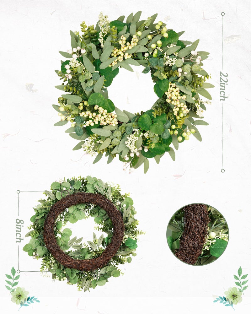 Vlorart 22 Inch Artificial Spring Summer Christmas Greenery Wreaths for Front Door Green Eucalyptus Leaf Wreath Decor Boxwood with Big Berries for Outside Year Round - Image 3