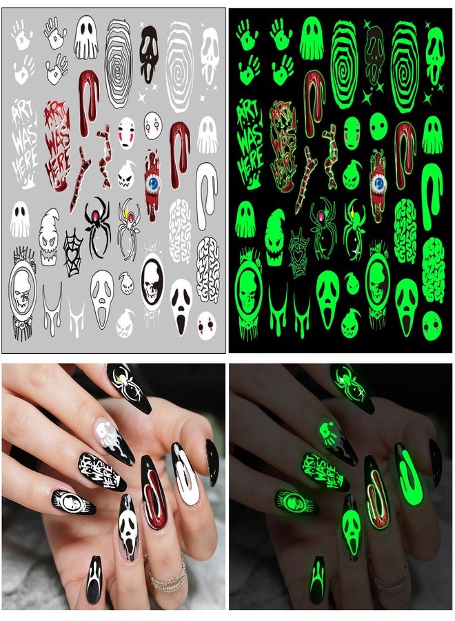 atydkug Glow Halloween Nail Art Stickers, Luminous Nail Sticker Decals for Girl Women, Scary Skull Bat Pumpkin Ghost Cat Words Nail Stickers for Nail Art Kids Party Gifts Decoration Self-Adhesive, 9 Sheets - Image 2
