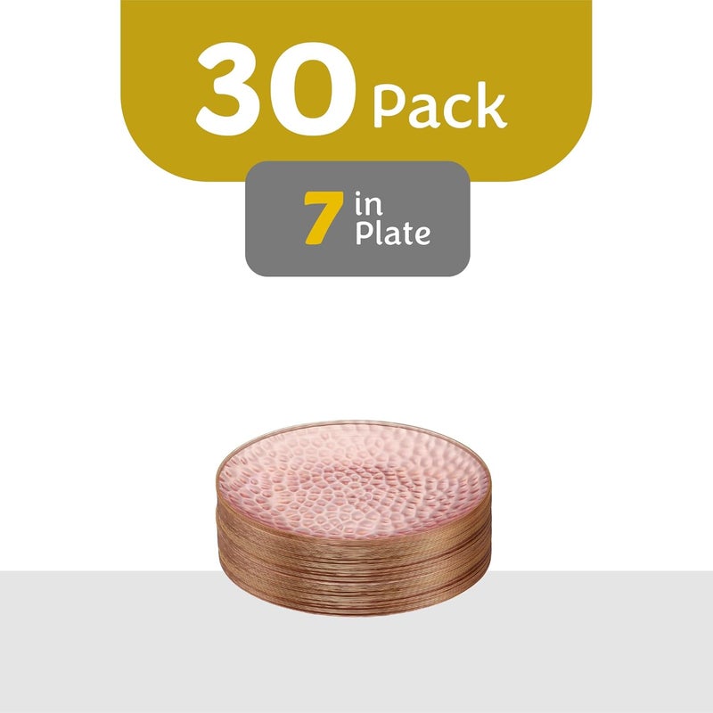 PLASTICPRO 30 Pack Hammered Plastic Plates Heavyweight Disposable Plastic Plates Elegant Clear Hammered Rim Platsic Party Dishes (Hammered Pink With Gold Rim, 7'' INCH PLATES) - Image 4