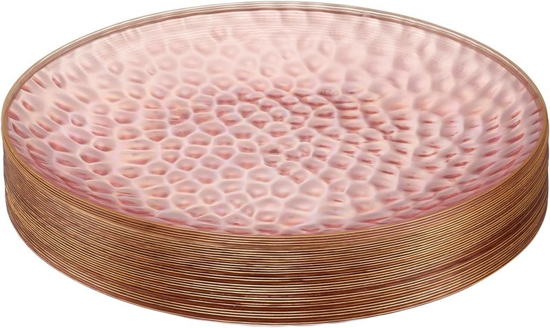 PLASTICPRO 30 Pack Hammered Plastic Plates Heavyweight Disposable Plastic Plates Elegant Clear Hammered Rim Platsic Party Dishes (Hammered Pink With Gold Rim, 7'' INCH PLATES) - Image 1