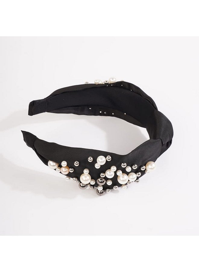 Wiwpar Pearl Knotted Headbands For Women Fashion Wide Pearl Bead Headband Head Bands Boho Hair Accessories (Black) - Image 2