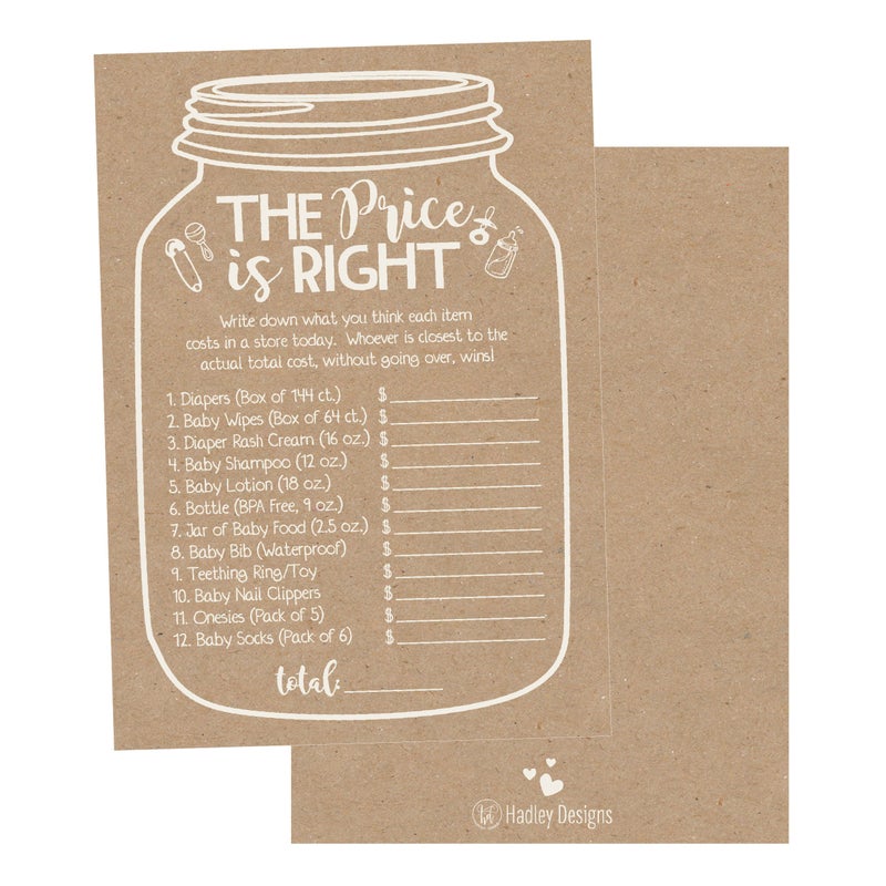 Hadley Designs Hilarious Baby Shower Games Set 25 The Price is Right Baby Shower Game Cards for 25 Guests Gender Neutral and Fun for Boys Girls Rustic