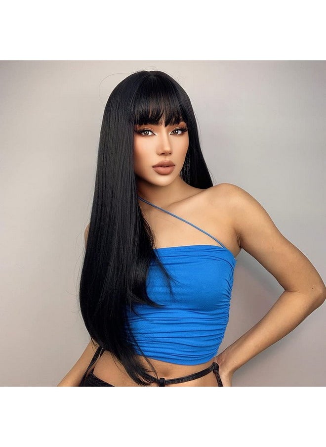 MAGQOO Black Wig With Bang Long Straight Black Wigs For Women Girls Heat Resistant Hight Density Synthetic Wigs (Black)  - Image 2