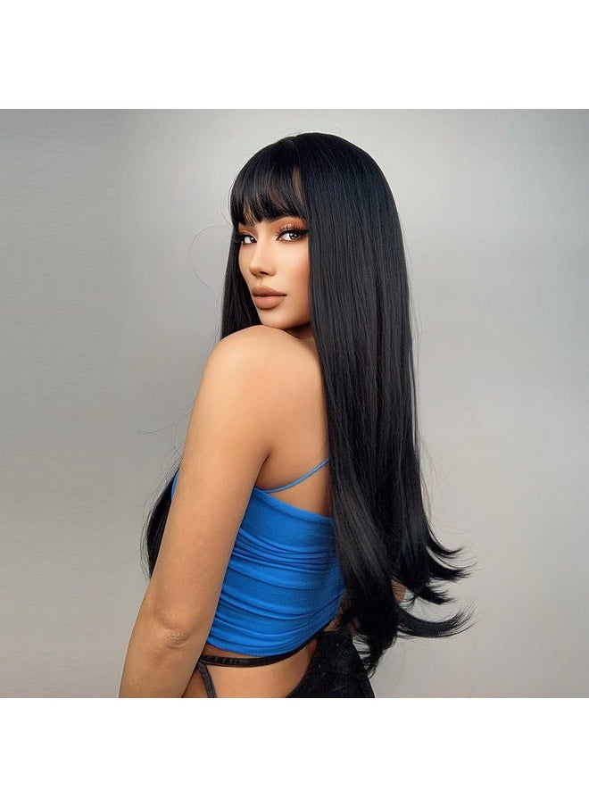 MAGQOO Black Wig With Bang Long Straight Black Wigs For Women Girls Heat Resistant Hight Density Synthetic Wigs (Black)  - Image 4