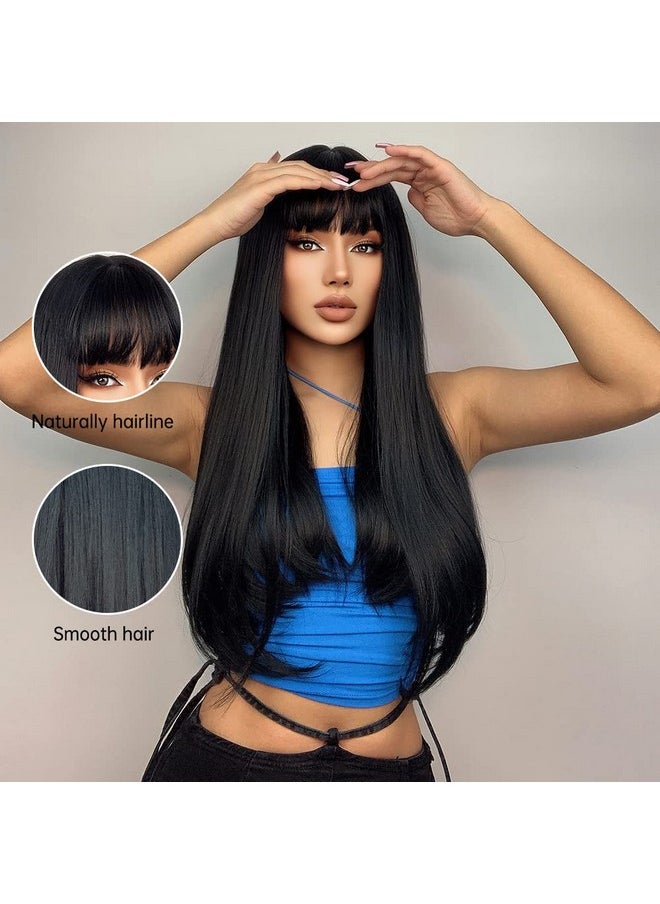 MAGQOO Black Wig With Bang Long Straight Black Wigs For Women Girls Heat Resistant Hight Density Synthetic Wigs (Black)  - Image 3