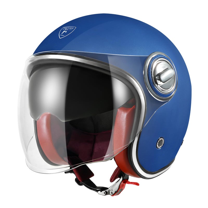 Open Face Motorcycle Helmet 34 Retro Moped Helmet for Adult Women Men Half Face Vintage Helmets with Visor for Scooter DOT Approved XL Sapphire Blue