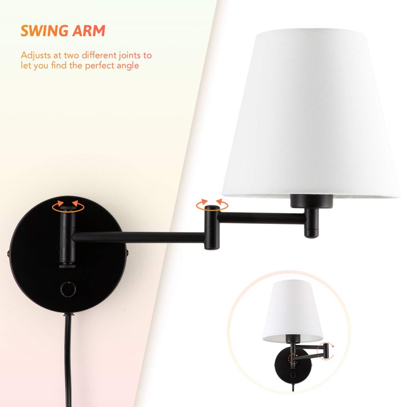 VONLUCE VONLUCE Modern Swing Arm Wall Mount Light Plug in, Corded Wall Lamps with White Fabric Shade, Black Metal Adjustable Wall Sconce, Wall Mount Lamp for Bedroom, Living Room, Bedside  - Image 4