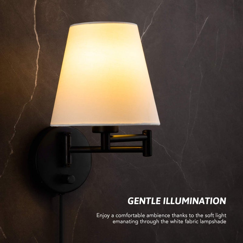 VONLUCE VONLUCE Modern Swing Arm Wall Mount Light Plug in, Corded Wall Lamps with White Fabric Shade, Black Metal Adjustable Wall Sconce, Wall Mount Lamp for Bedroom, Living Room, Bedside  - Image 3