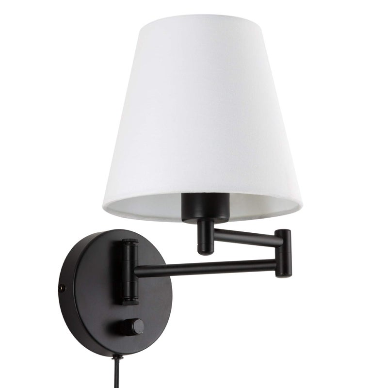 VONLUCE VONLUCE Modern Swing Arm Wall Mount Light Plug in, Corded Wall Lamps with White Fabric Shade, Black Metal Adjustable Wall Sconce, Wall Mount Lamp for Bedroom, Living Room, Bedside  - Image 1