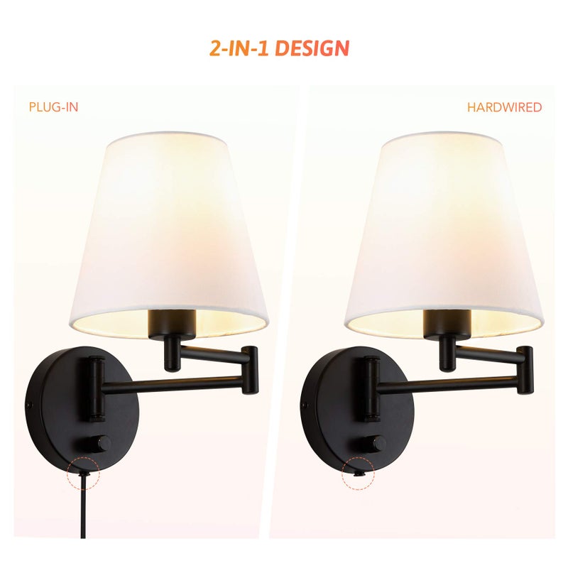 VONLUCE VONLUCE Modern Swing Arm Wall Mount Light Plug in, Corded Wall Lamps with White Fabric Shade, Black Metal Adjustable Wall Sconce, Wall Mount Lamp for Bedroom, Living Room, Bedside  - Image 5