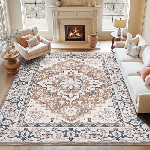 Lofus 8x10 Area Rugs for Living Room Washable Area Rug Rugs for Bedroom Kitchen Vintage Boho Carpet Soft NonSlip Low Pile Large Area Rug for Office Dining Room Floral Brown
