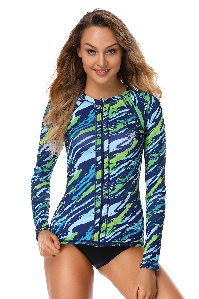 AXESEA Women Long Sleeve Rashguard UPF 50+ UV Sun Protection Zip Front Swimsuit Shirt Printed Surfing Shirt Top,Blue,US 4 - Image 3