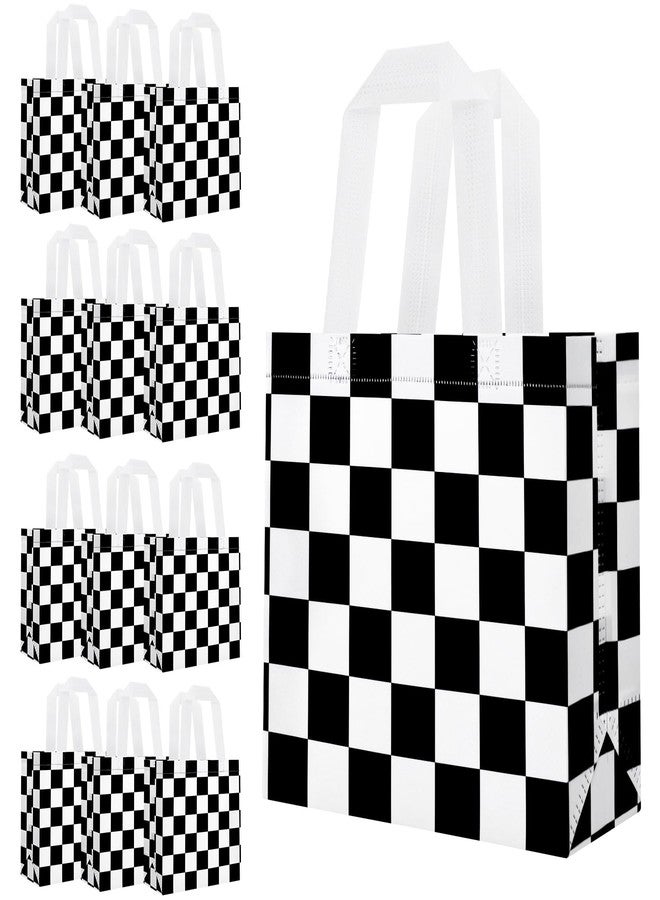 Adecortalk 12 Pcs Racing Car Party Favor Bags Balck and White Checkered Gift Bags Reusable Non Woven Goodie Treat Candy Bags with Handles for Kids Racing Theme Birthday Party Decorations - Image 1