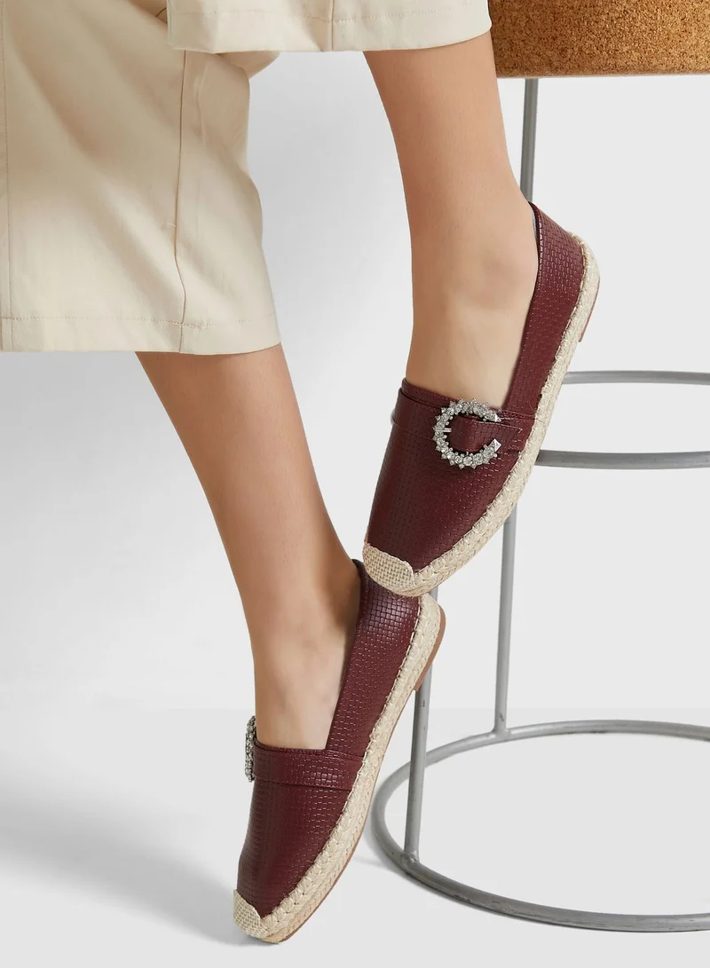 ELLA Textured Diamante Buckle Flat Espadrille