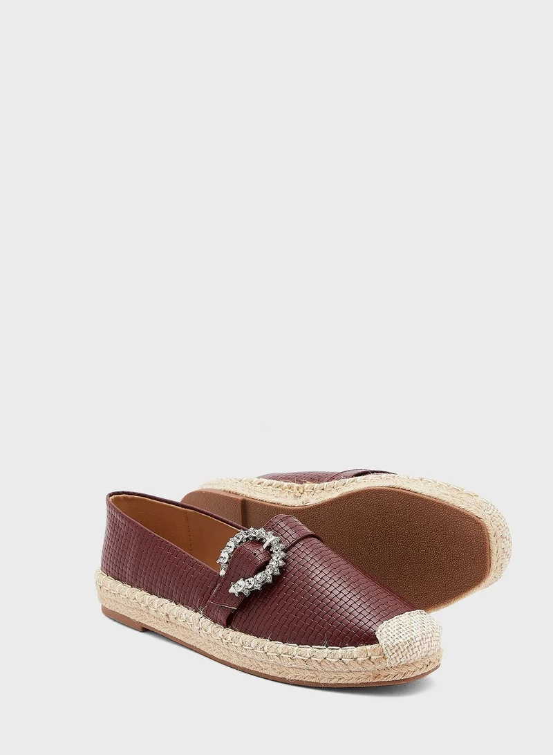 ELLA Textured Diamante Buckle Flat Espadrille