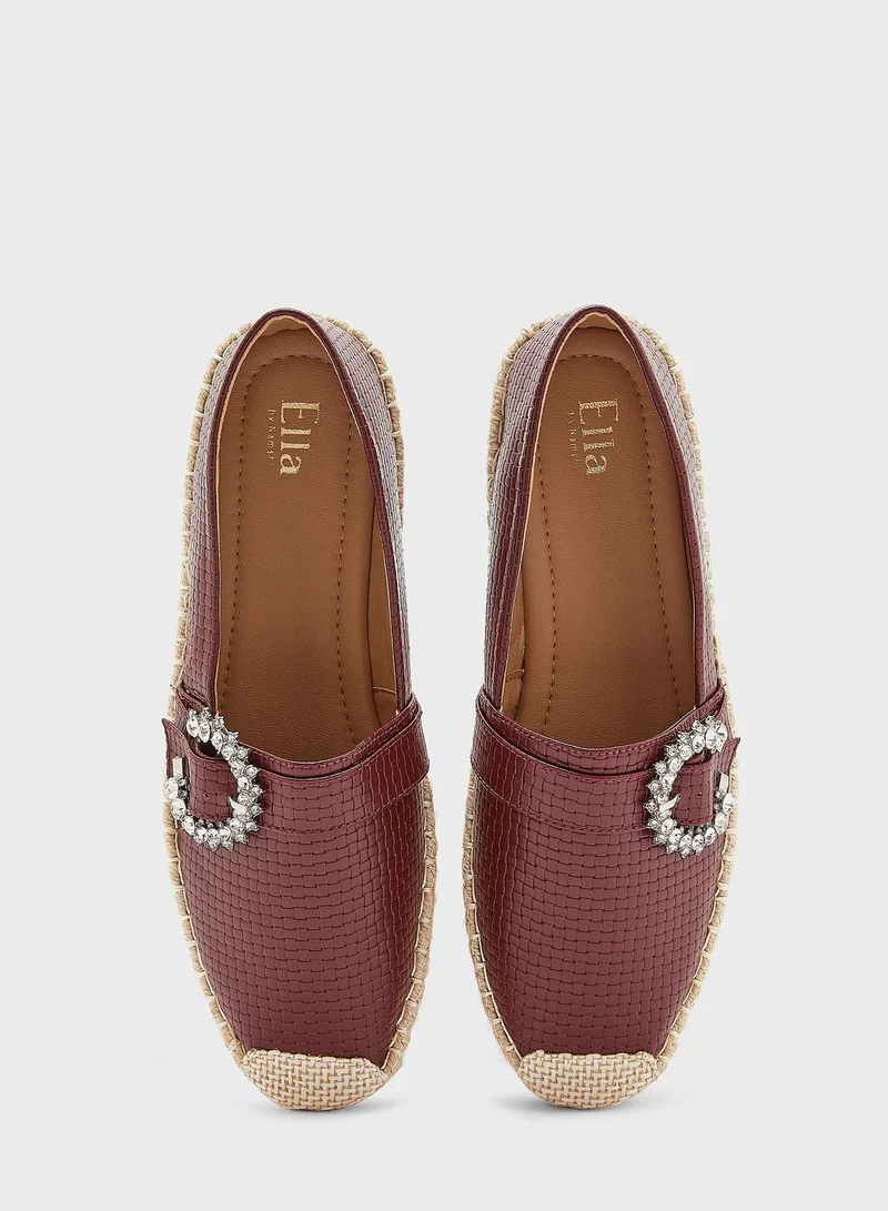 ELLA Textured Diamante Buckle Flat Espadrille