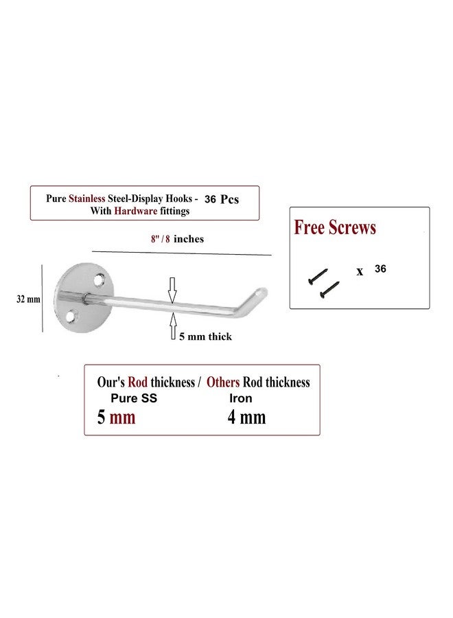 Q1 Beads Q1 Beads 36 Pcs 8" Stainless Steel Wall Mount Display Hook Hanger for Hanging in Mobile Shop, Supermarket, Hanging Accessory (Chrome, 36 Pcs, 8 Inches)  - Image 2