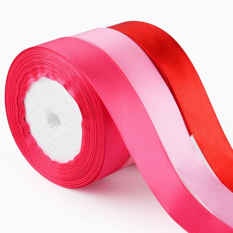ASTARON Satin Ribbon for Crafts - 1 Inch, Red Pink Solid Color Ribbon Fabric for Gift Wrapping, Bouquets, DIY Hair Bows, Valentine's Decorations - Image 1