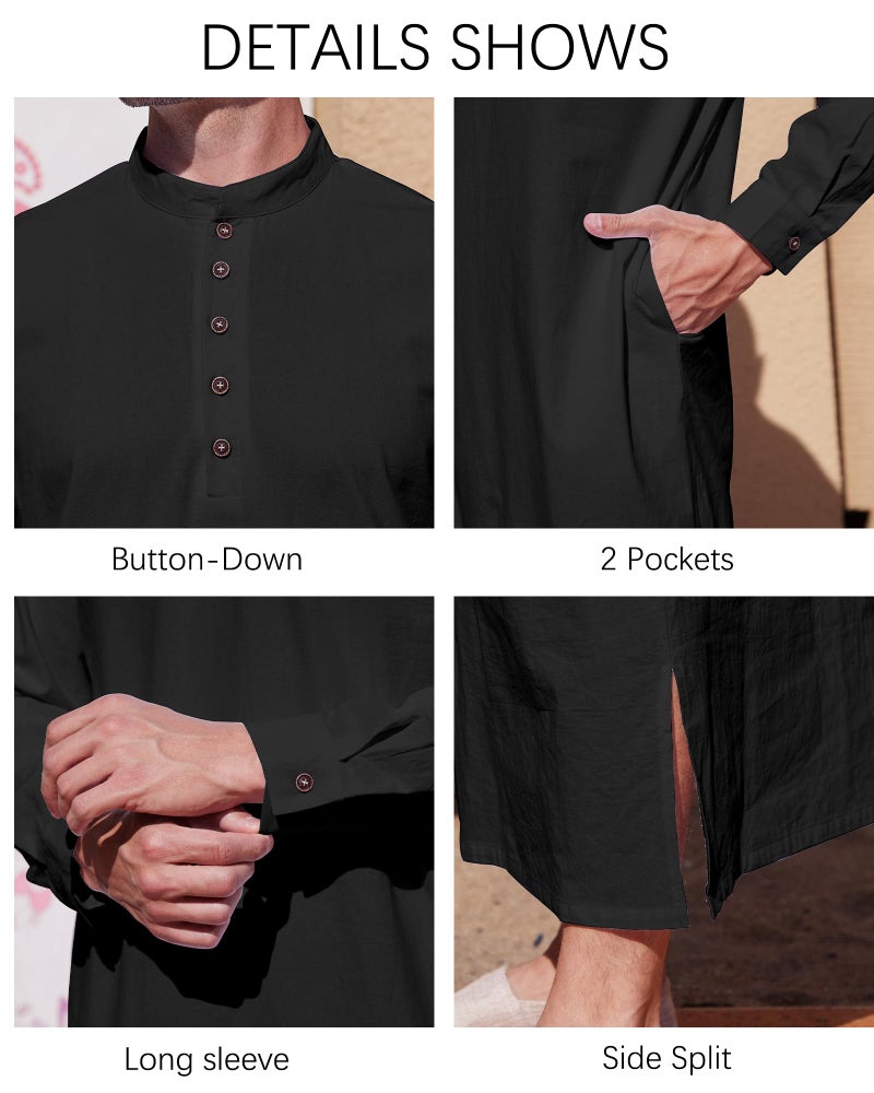YAOHUOLE Moroccan Thobe for Men Men's Long Sleeve Kaftan Thobe Black L - Image 5