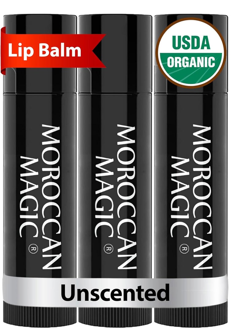 Organic Moroccan Magic Lip Balm 3 Pack  Original Unscented Lip Balm Set  Chapsticks for Dry Lips  Made with Natural Argan Essential Oils Lip Moisturizer and Vitamin E  Smooth Application
