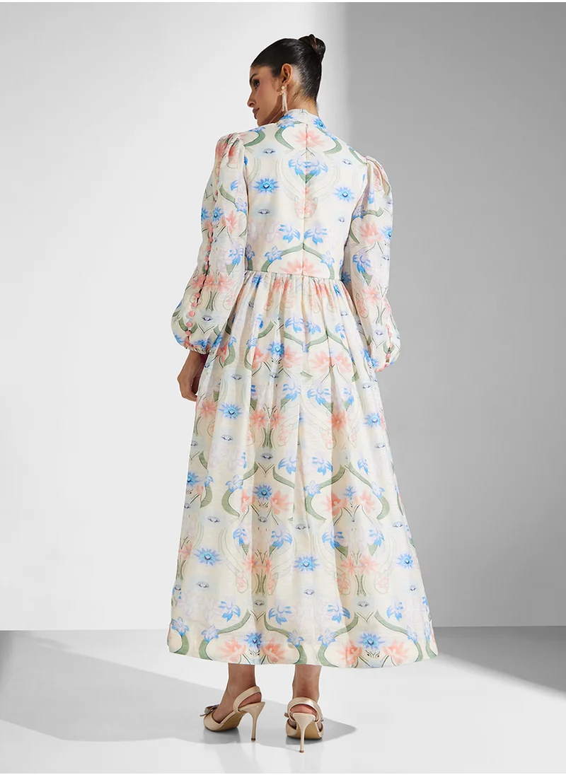 ثريدز باي اجوني Print Gathered Dress With Button Detailing