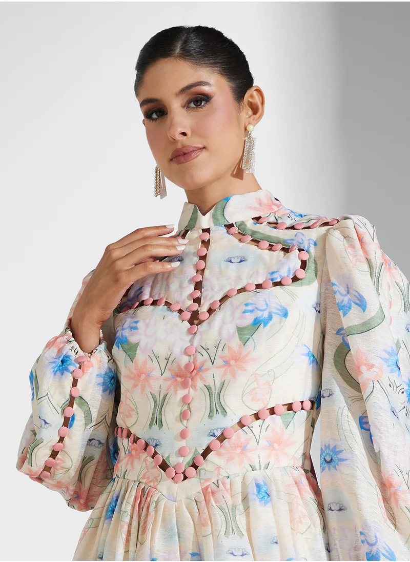 Threadz by Ajooni Print Gathered Dress With Button Detailing