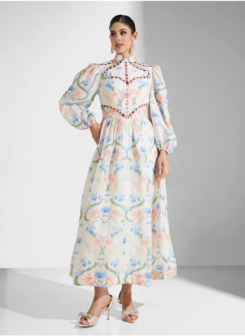 Threadz by Ajooni Print Gathered Dress With Button Detailing