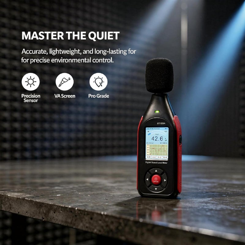 Digital Sound Level Reader Gt1355A, 30-130Db Range, Accurate ±1.5Db, Va Color Screen, Data Logging, 3-Color Alarm, Usb, 5.08 Oz, 8-Hour Battery - Image 5