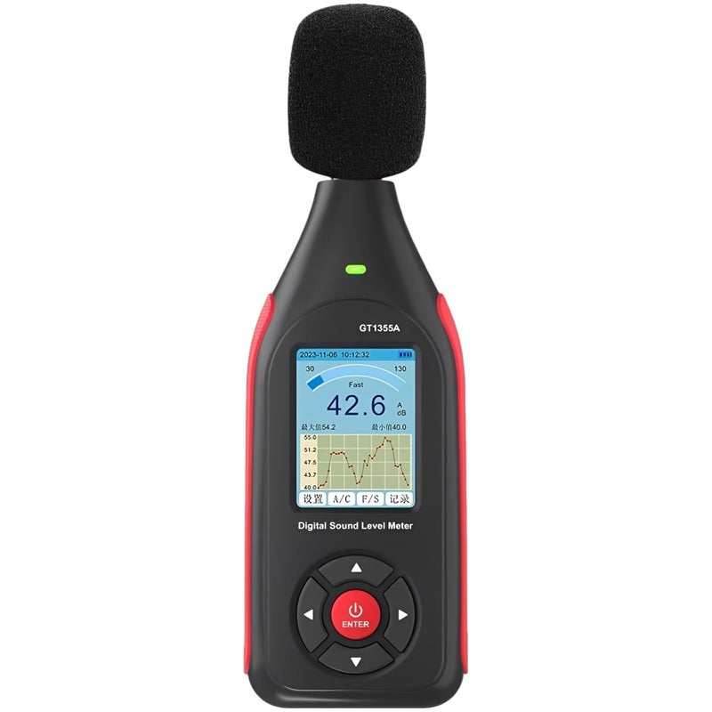 Digital Sound Level Reader Gt1355A, 30-130Db Range, Accurate ±1.5Db, Va Color Screen, Data Logging, 3-Color Alarm, Usb, 5.08 Oz, 8-Hour Battery - Image 1