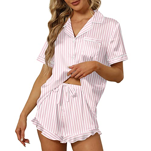 SAPJON Satin Silk Pajamas for Women 2Pcs Ruffle Notch Collar Sleepwear Button Down Short Sleeve Shorts Pjs Set Loungewear - Image 1