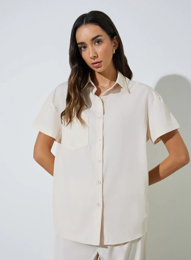 Styli Cream Solid Shirt And Straight Pants Co-Ord Set