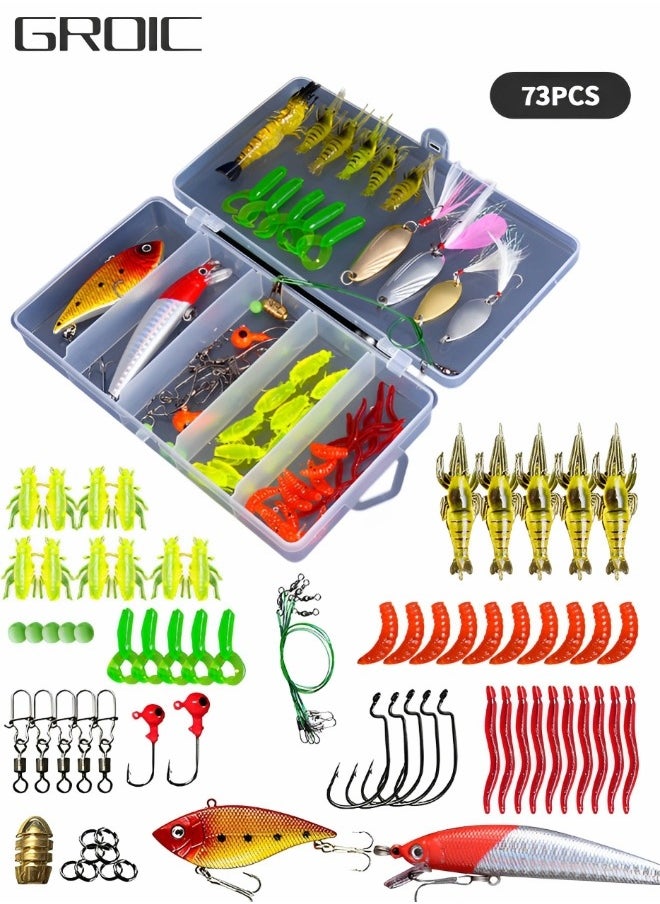 GROIC 73Pcs Fishing Lures Kit Set, Baits Tackle Kit Including Crankbaits, Topwater Lures, Spinnerbaits, Worms, Hooks, Lures, Soft Plastic Worms, Tackle Box and More Lures  - Image 1
