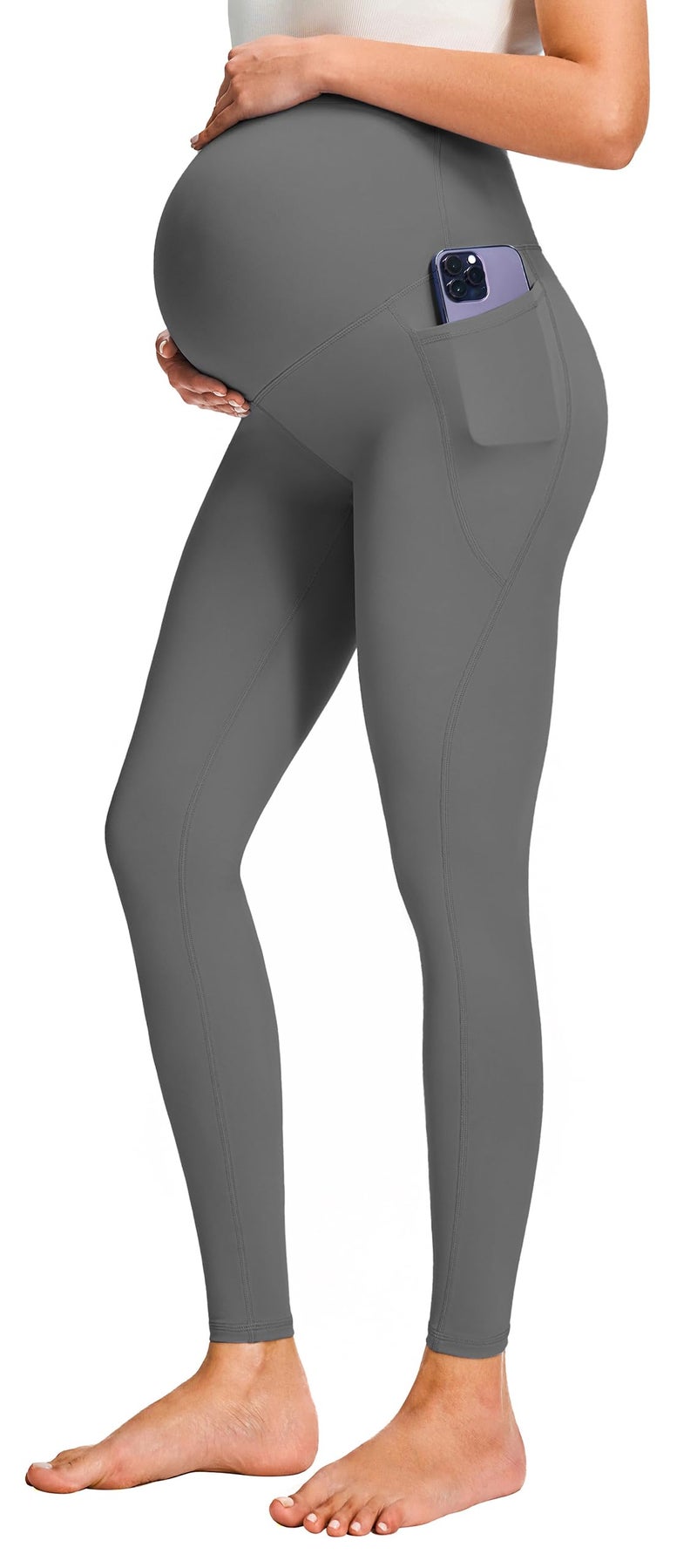 JOYSPELS Smooth Feeling Maternity Leggings Over The Belly with Pockets Workout Pregnancy Leggings Grey - Image 1