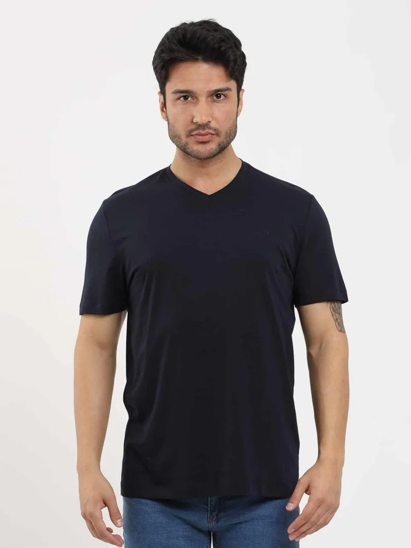 Dufy Navy Blue Men's Slim Fit Plain V-Neck Tshirt - 105594