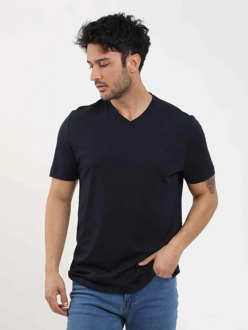 Dufy Navy Blue Men's Slim Fit Plain V-Neck Tshirt - 105594