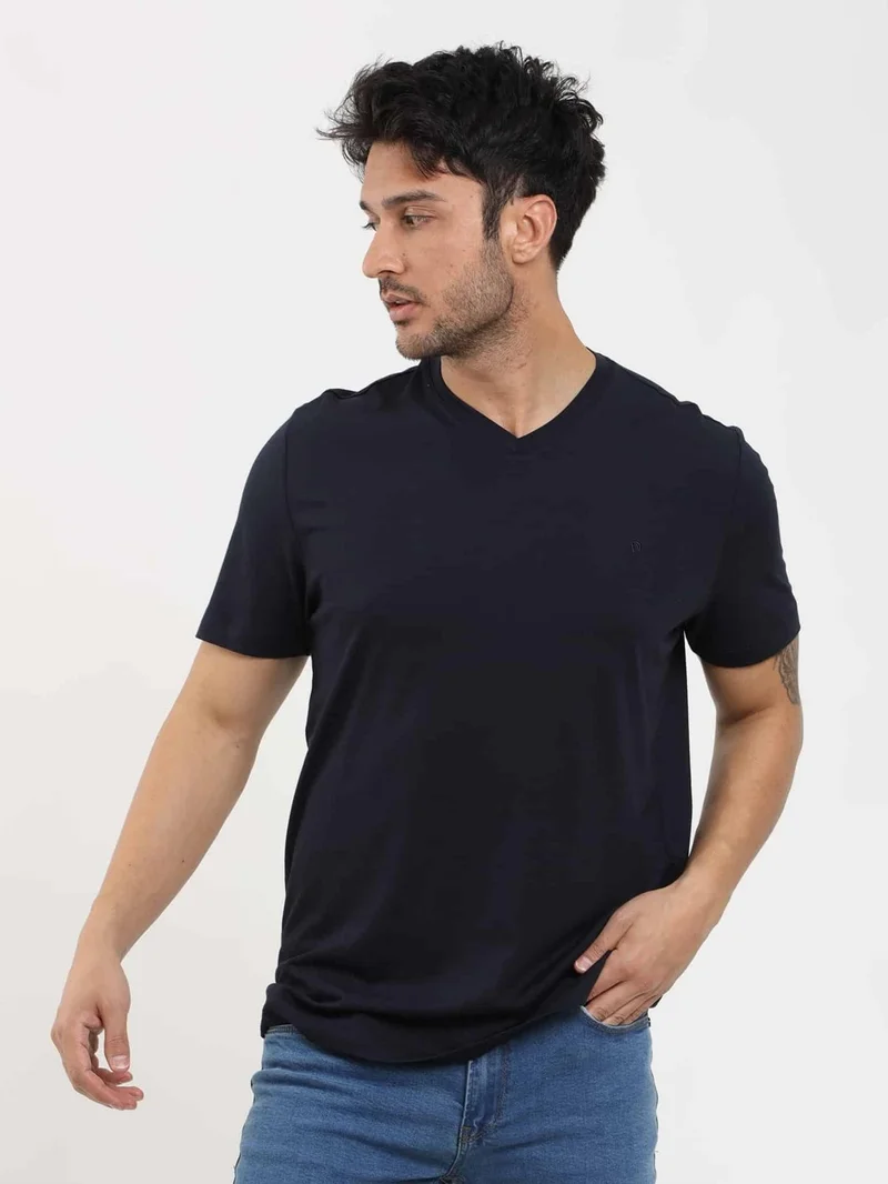 Dufy Navy Blue Men's Slim Fit Plain V-Neck Tshirt - 105594
