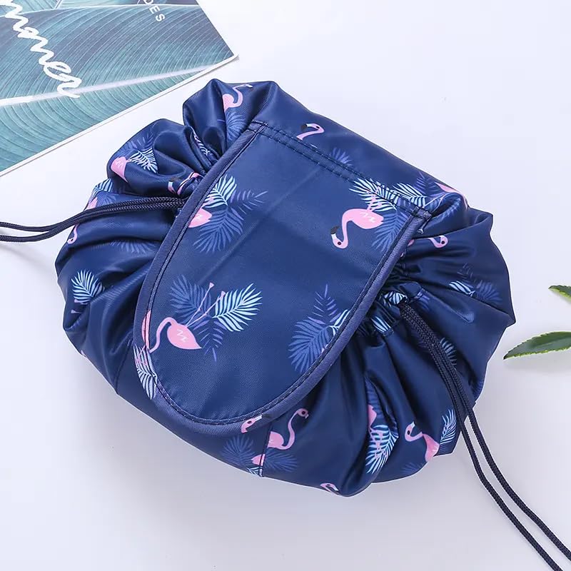 ERHETUS Women's Waterproof & Portable Lazy Cosmetic Bag with Drawstrings | Elegant Flamingo Designed Toiletry Kits Makeup Pouches for Girls | Travel Organizer Bags with Large Storage Capacity (Navy) - Image 5