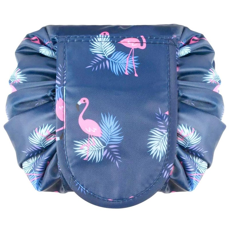 ERHETUS Women's Waterproof & Portable Lazy Cosmetic Bag with Drawstrings | Elegant Flamingo Designed Toiletry Kits Makeup Pouches for Girls | Travel Organizer Bags with Large Storage Capacity (Navy) - Image 1