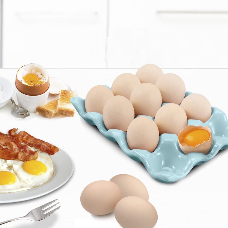 Flexzion Ceramic 12 Cups Egg Tray - Whole Dozen Porcelain Egg Holder Container Keeper Storage Organiser Decorative Serving Stand Serveware for Refrigerator Fridge Countertop Display Kitchen - Image 3