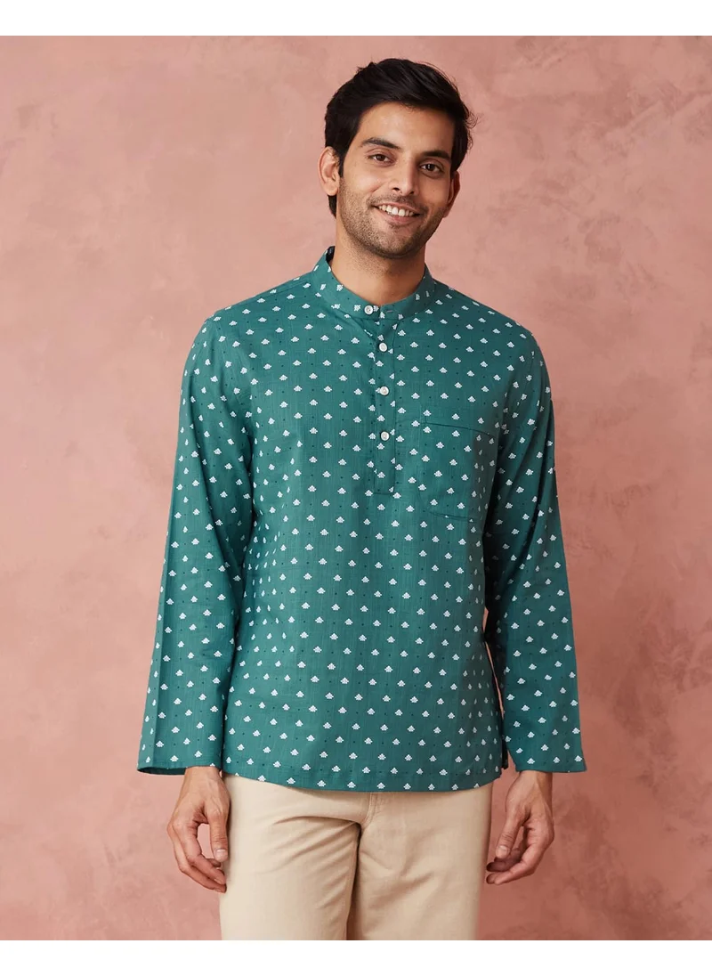 Fabindia Green Cotton Printed Mid Placket Shirt