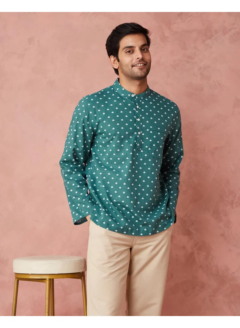 Fabindia Green Cotton Printed Mid Placket Shirt