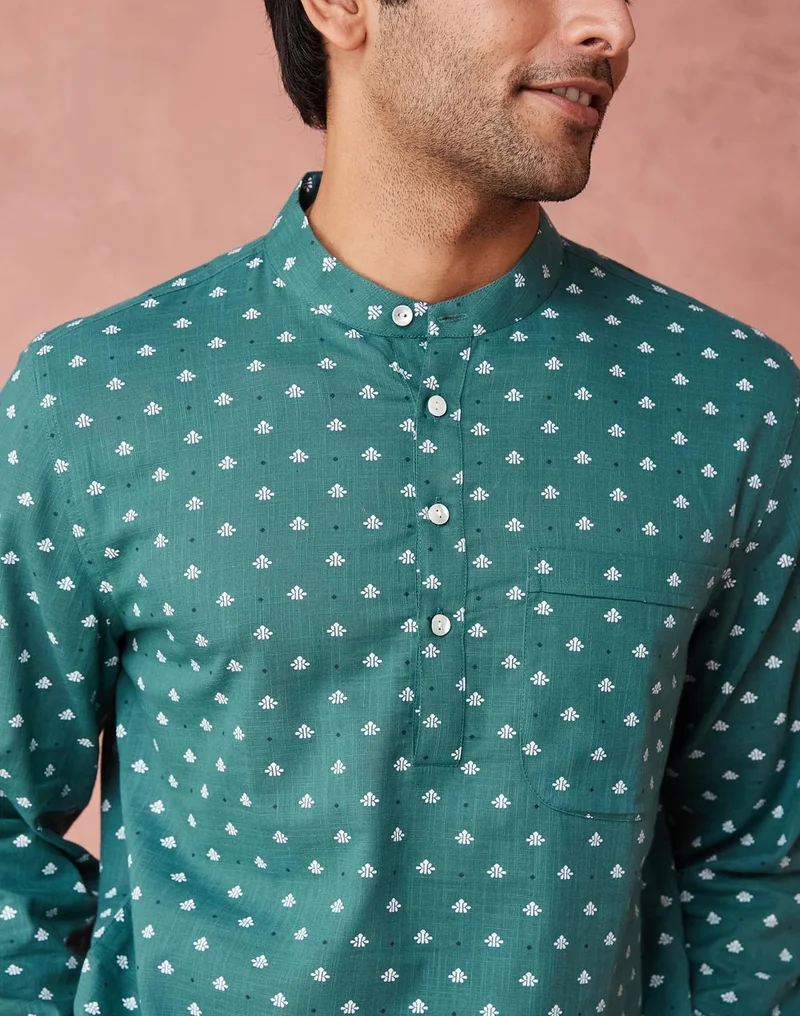 Fabindia Green Cotton Printed Mid Placket Shirt