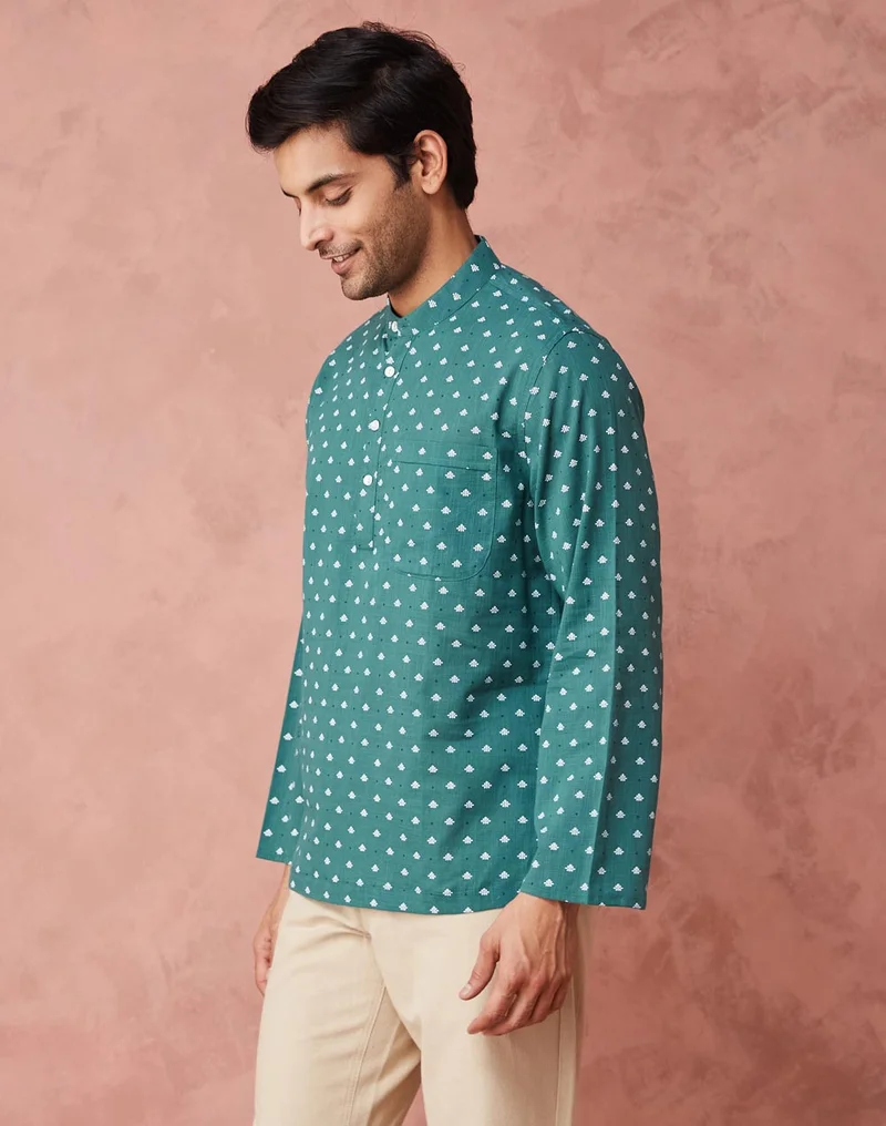 Fabindia Green Cotton Printed Mid Placket Shirt