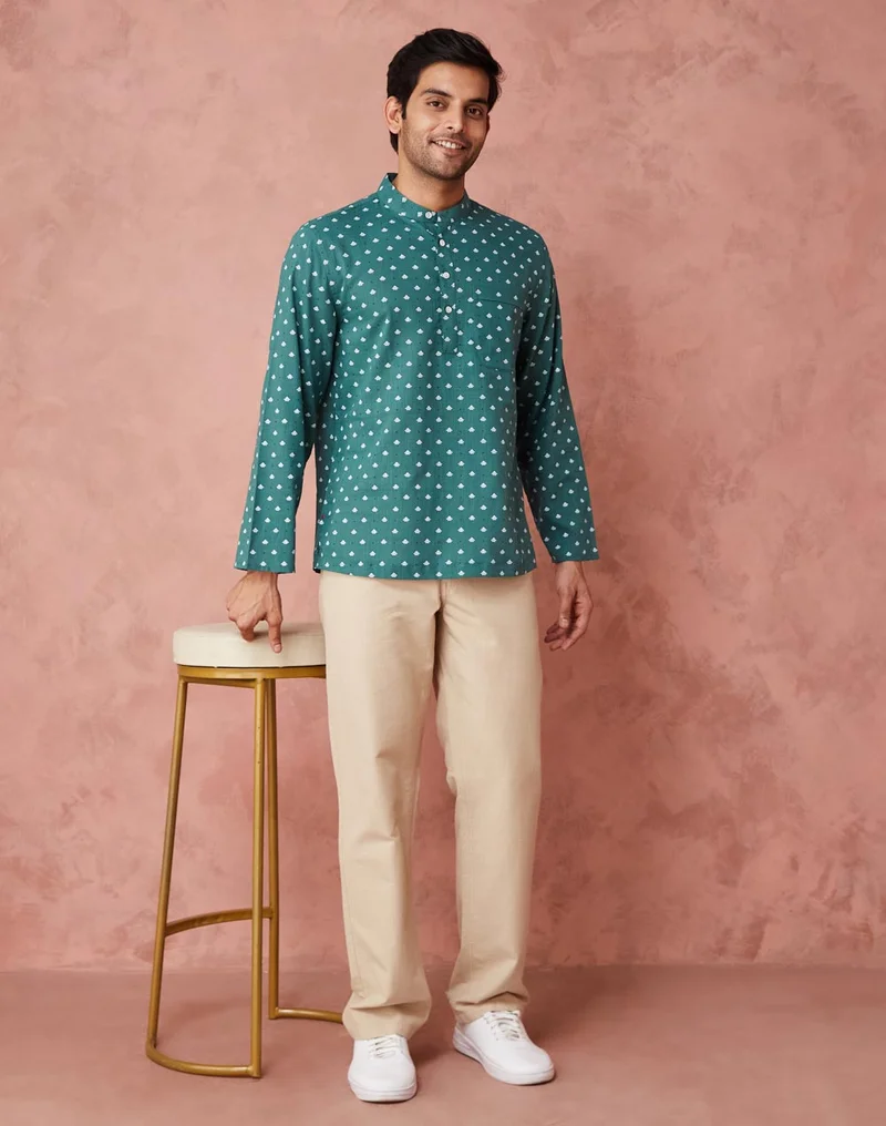 Fabindia Green Cotton Printed Mid Placket Shirt