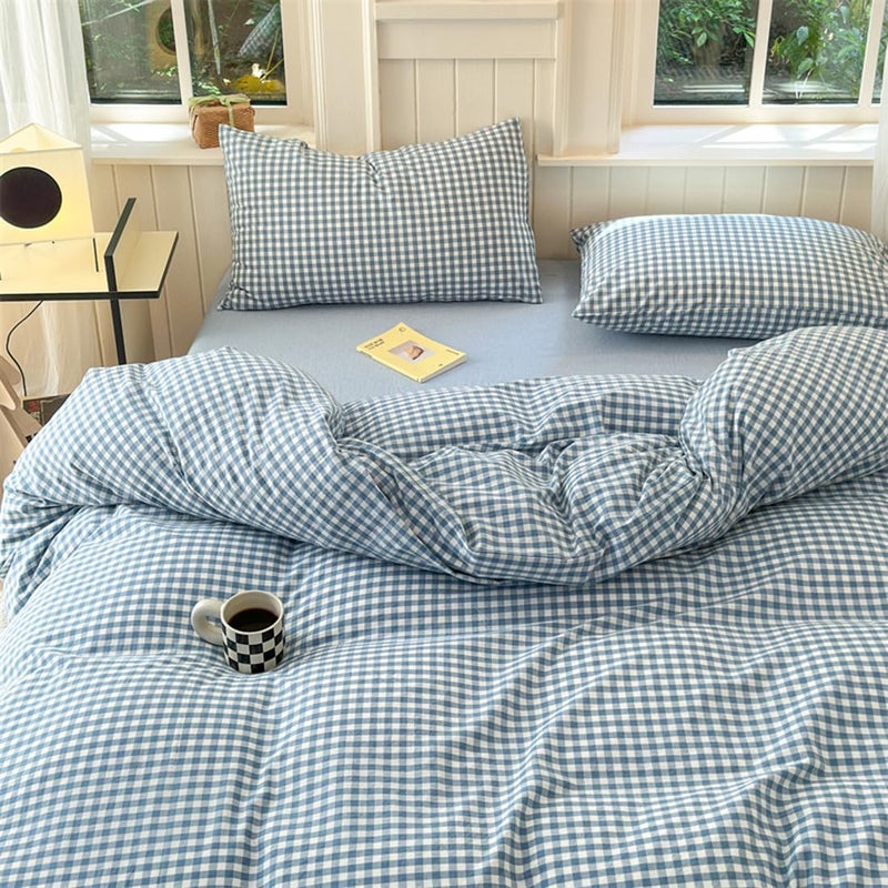 Mucalis Blue Gingham Duvet Cover King 100% Washed Cotton Blue White Plaid Checkered Duvet Cover Set Modern 3 Piece Grid Bedding Set with Zipper Closure Corner Ties,Durable,Breathable,Easy Care - Image 4