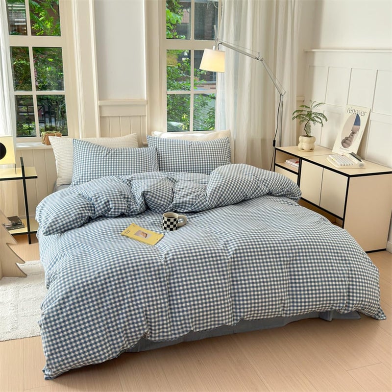 Mucalis Blue Gingham Duvet Cover King 100% Washed Cotton Blue White Plaid Checkered Duvet Cover Set Modern 3 Piece Grid Bedding Set with Zipper Closure Corner Ties,Durable,Breathable,Easy Care - Image 2